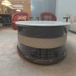 Oval Pale Green Marble Coffee Table with Cream Leather Band and Dark Glossy Wood